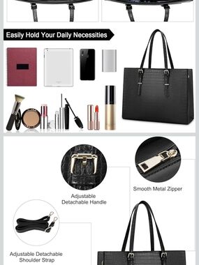 Black Croc-Embossed Tote Bag with Gold Hardware